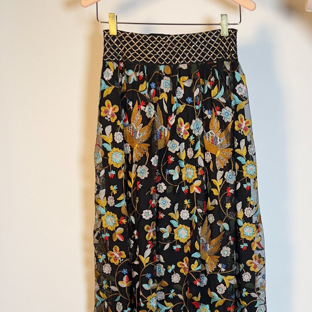 Alice + Olivia Long EMbroidered Skirt with Fringe Hem